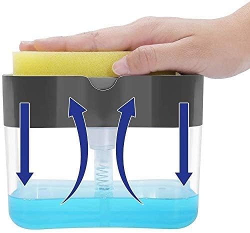 Liquid Soap Dispenser with Sponge, Manual Press Pump Container with Sponge Holder, Liquid Soap Organizer, 2 in 1 Utensils Cleaner Tool 400 ml Liquid Dispenser 2 in 1 Soap Pump Plastic Dispenser for Dishwasher Liquid