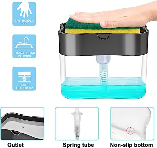 Liquid Soap Dispenser with Sponge, Manual Press Pump Container with Sponge Holder, Liquid Soap Organizer, 2 in 1 Utensils Cleaner Tool 400 ml Liquid Dispenser 2 in 1 Soap Pump Plastic Dispenser for Dishwasher Liquid