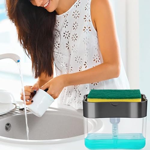 Liquid Soap Dispenser with Sponge, Manual Press Pump Container with Sponge Holder, Liquid Soap Organizer, 2 in 1 Utensils Cleaner Tool 400 ml Liquid Dispenser 2 in 1 Soap Pump Plastic Dispenser for Dishwasher Liquid