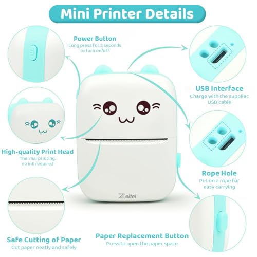 Mini Bluetooth Thermal Printer, Portable Label Printer Inkfree Printer for Android & iOS System, Black on White Thermal Printer