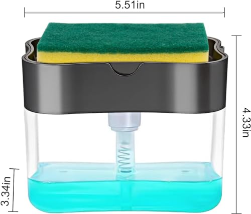 Liquid Soap Dispenser with Sponge, Manual Press Pump Container with Sponge Holder, Liquid Soap Organizer, 2 in 1 Utensils Cleaner Tool 400 ml Liquid Dispenser 2 in 1 Soap Pump Plastic Dispenser for Dishwasher Liquid