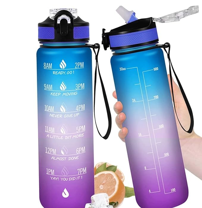 Unbreakable Silicone Water Bottle 1 Litre with Motivational Time Marker, Leakproof Durable BPA Free Non-Toxic Bottle for Office , Gym