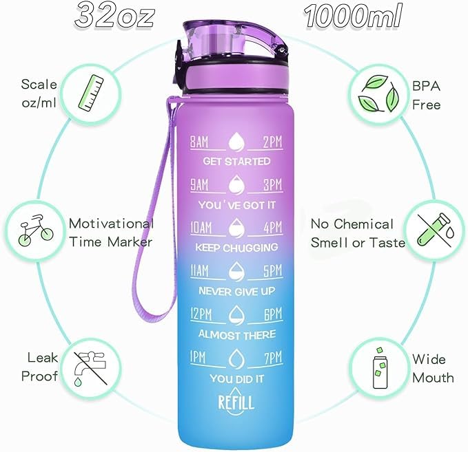 Unbreakable Silicone Water Bottle 1 Litre with Motivational Time Marker, Leakproof Durable BPA Free Non-Toxic Bottle for Office , Gym