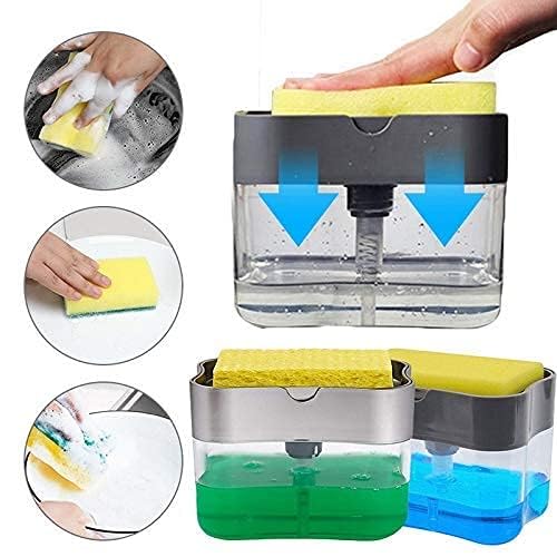 Liquid Soap Dispenser with Sponge, Manual Press Pump Container with Sponge Holder, Liquid Soap Organizer, 2 in 1 Utensils Cleaner Tool 400 ml Liquid Dispenser 2 in 1 Soap Pump Plastic Dispenser for Dishwasher Liquid