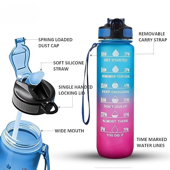 Unbreakable Silicone Water Bottle 1 Litre with Motivational Time Marker, Leakproof Durable BPA Free Non-Toxic Bottle for Office , Gym