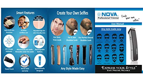 NHT-1045 Rechargeable Cordless: 30 Minutes Runtime Beard Trimmer for Men Nova (Device Of Man) PN-527 Rechargeable Trimmer For Men (Black) Nova Rechargeable Cordless: 30 Minutes Runtime Beard Trimmer for Men