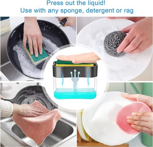 Liquid Soap Dispenser with Sponge, Manual Press Pump Container with Sponge Holder, Liquid Soap Organizer, 2 in 1 Utensils Cleaner Tool 400 ml Liquid Dispenser 2 in 1 Soap Pump Plastic Dispenser for Dishwasher Liquid