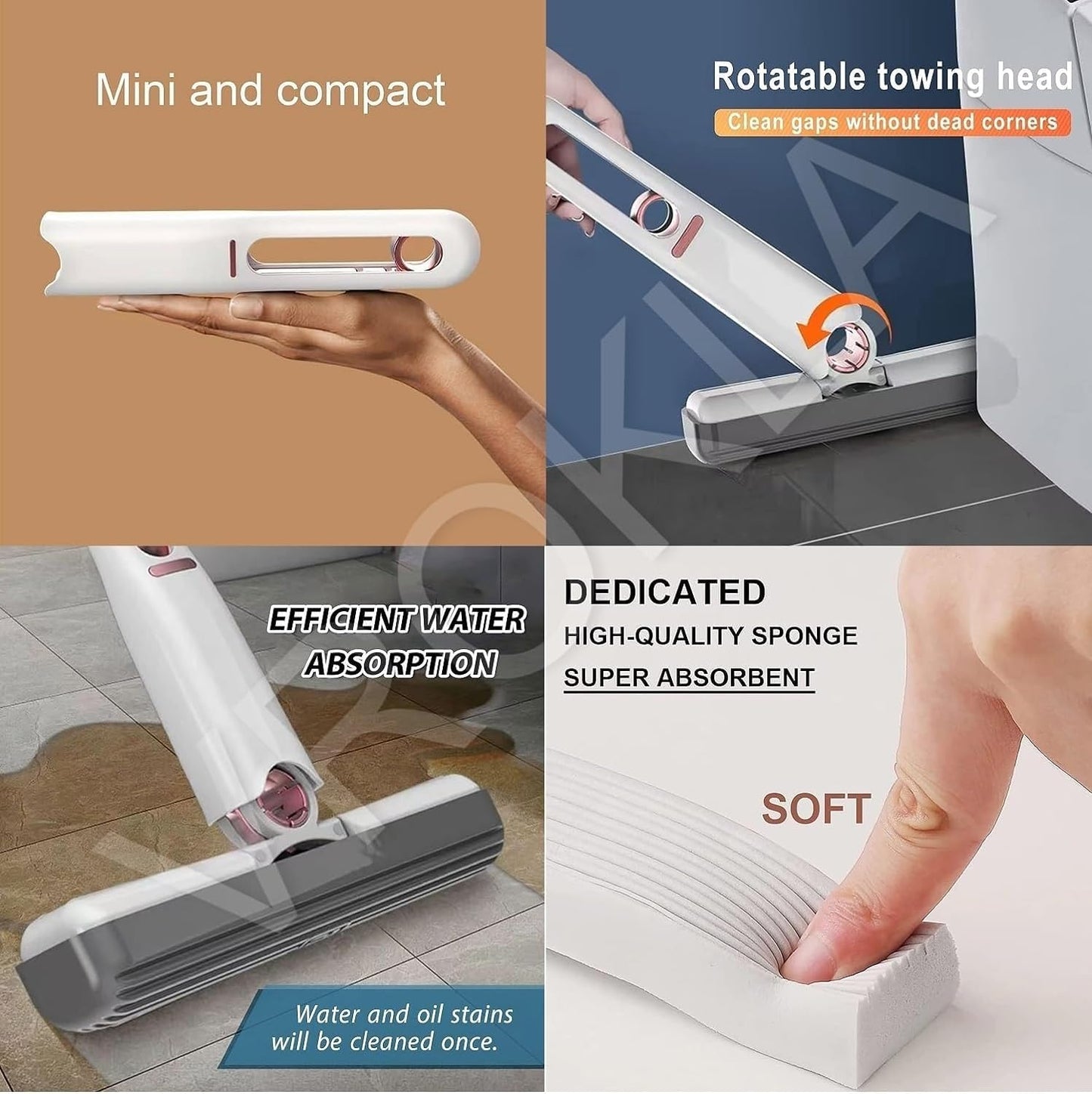 Portable Self-Squeeze Short Mop, Mini Lazy Hand Wash-Free Strong Absorbent Mop, Floor Cleaning System for Bathroom Kitchens Tableware Desktop Glass Portable Mini Mop, Self Squeezing Sponge Mop, Lazy Hands Free Wet and Dry Mops for Car Glass