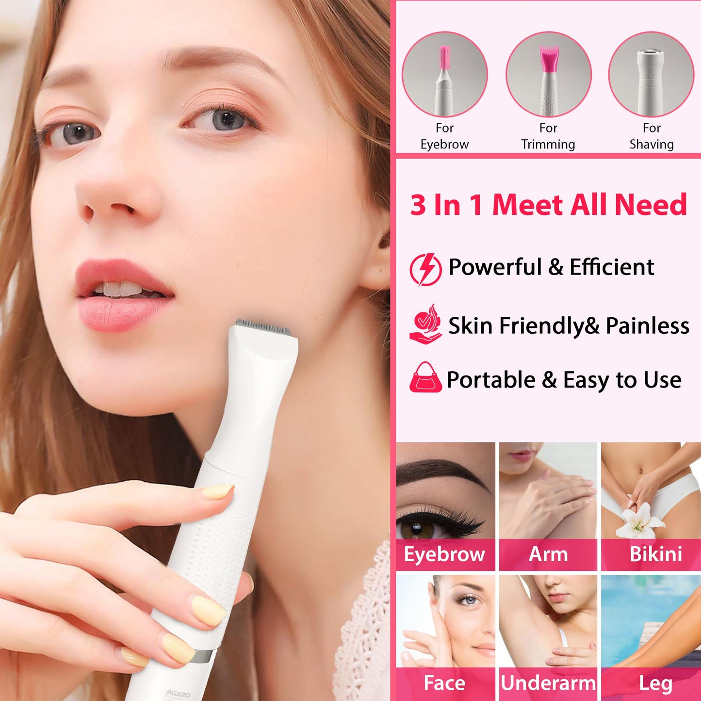 Sweet Trimmer Sensitive Touch Expert Painless Trimmer Precision Beauty face, Underarms, Legs Hair Remover, Bikini Trimmer, Epilator, Grooming Kit Sweets Hair 5 in 1 Beauty Styler Hair Nose Electric Trimmer for Women – Battery & Carry Pouch included